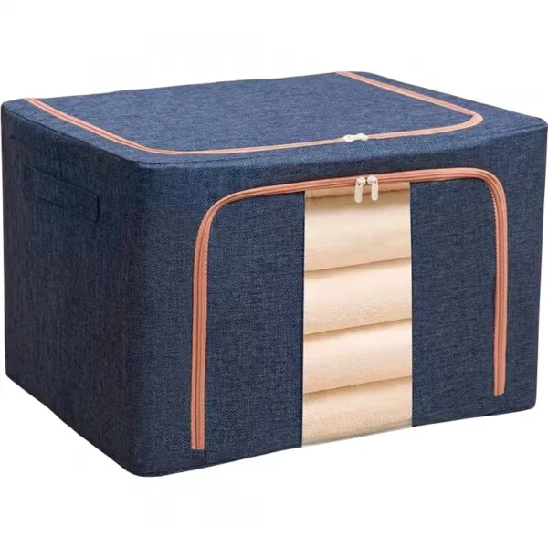 Cutie depozitare Macvi® 66L pliabila din material textil cu fermoar, fereastra transparenta si cadru metalic, organizator incapator pentru haine si articole casnice