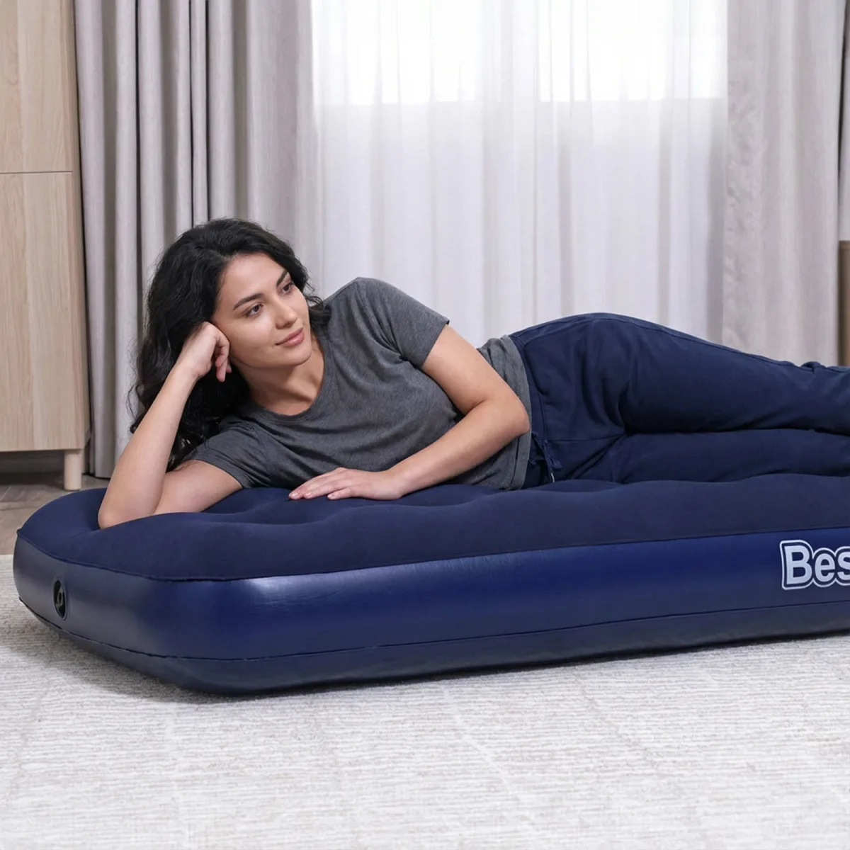 Saltea gonflabila single, velur, albastru, 185x76x22 cm, pentru utilizare interioara si exterioara