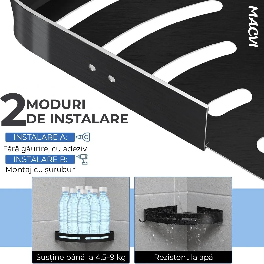 Raft de dus Macvi® set etajera baie aluminiu negru design modern si rezistent montaj usor spatiu optimizat - imagine 3