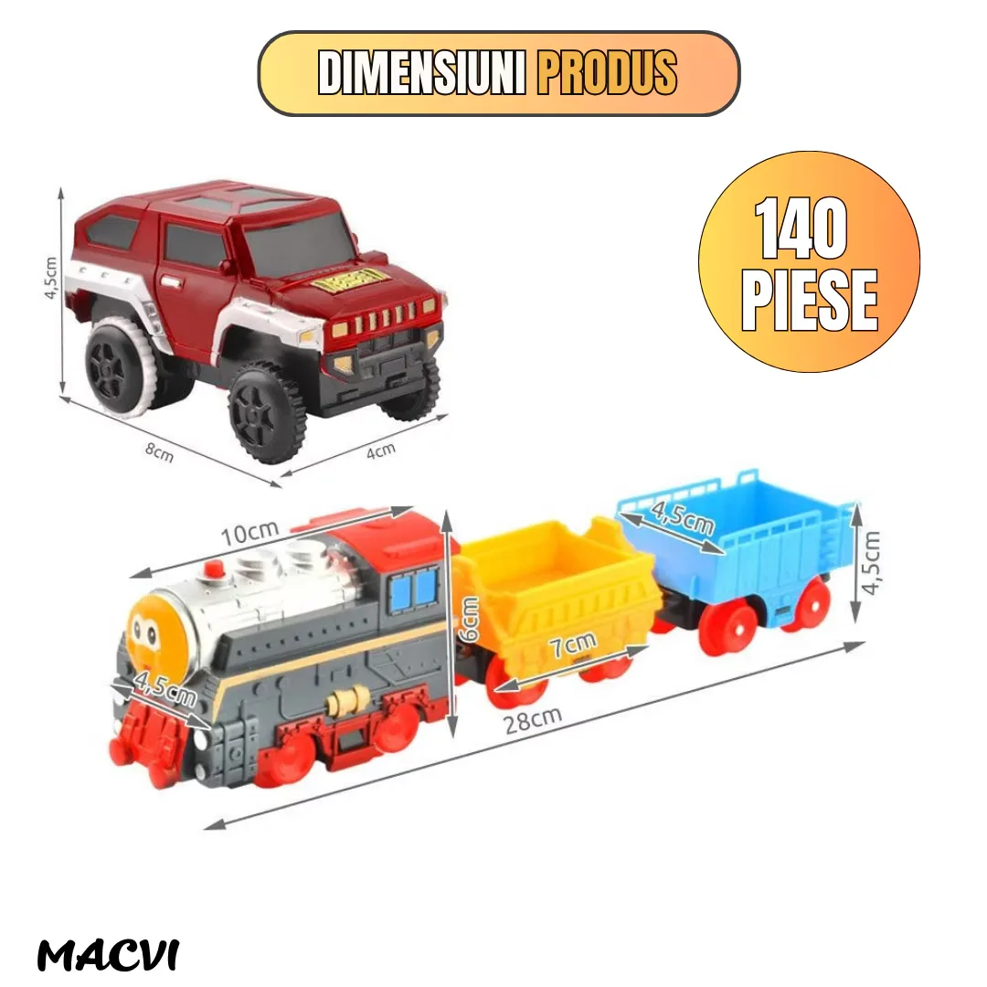 Circuit 2 in 1 XXL Macvi® 140 Piese, 86x74 cm, cu Trenulet Electric si Masinuta, Pod cu Lumini, Pista Rapid Transit de Mare Viteza, Multicolor - imagine 3