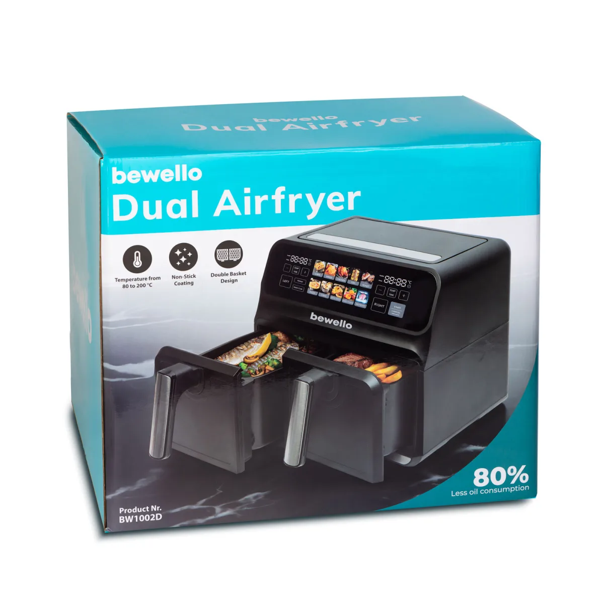 Air fryer XXL 8L cu 2 cosuri 4+4L, 2200W, ecran touch, fara ulei, negru, pentru gatit sanatos - imagine 3