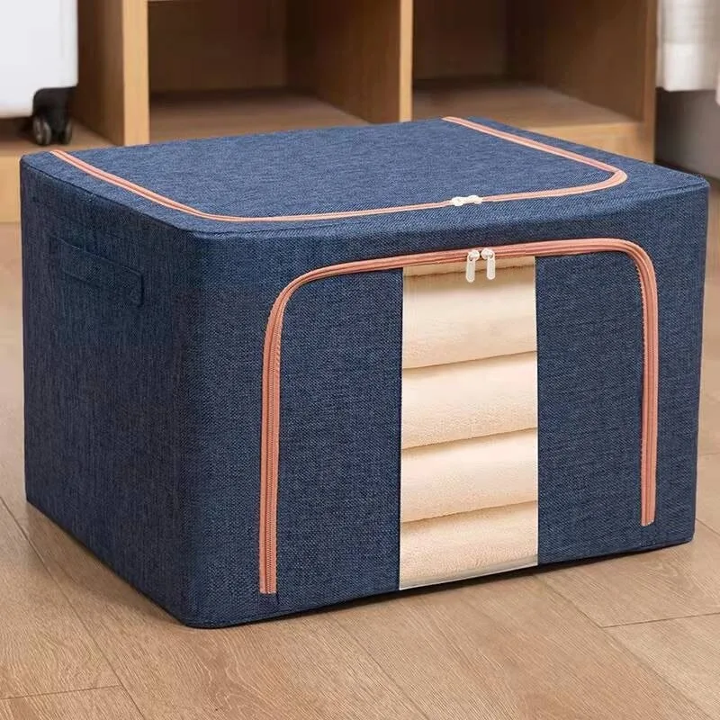 Cutie depozitare Macvi® 66L pliabila din material textil cu fermoar, fereastra transparenta si cadru metalic, organizator incapator pentru haine si articole casnice - imagine 2