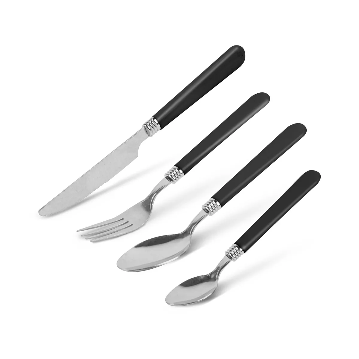 Set tacamuri 16 piese cu suport sertar, inox si plastic, negru, linguri furculite cutite lingurite