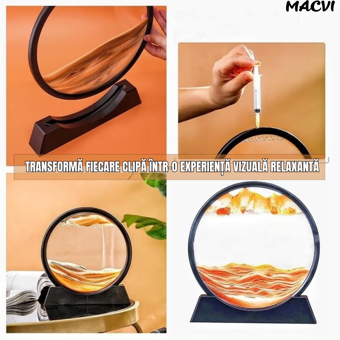 Obiect decorativ Macvi® cu efect 3D din nisip, masa rotativa 360°, baza din plastic, sticla si nisip, 18x19 cm, Galben - imagine 2
