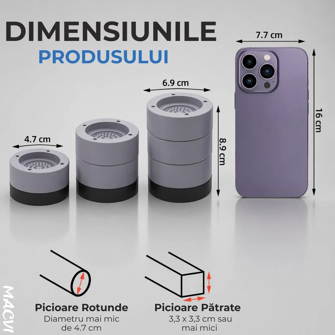 Set 4 Tampoane pentru Picioare Macvi® din Plastic, Gri Protectie si Stabilitate pentru Masina de Spalat - imagine 3