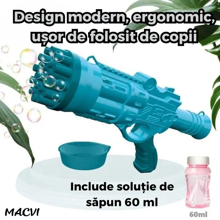 Pistol Bule Macvi® 24 Gauri, Structura Rezistenta din ABS, Tambur Rotativ, Efect Turbo, Jucarie Interactiva pentru Copii si Distractie in Aer Liber, Albastru deschis - imagine 2