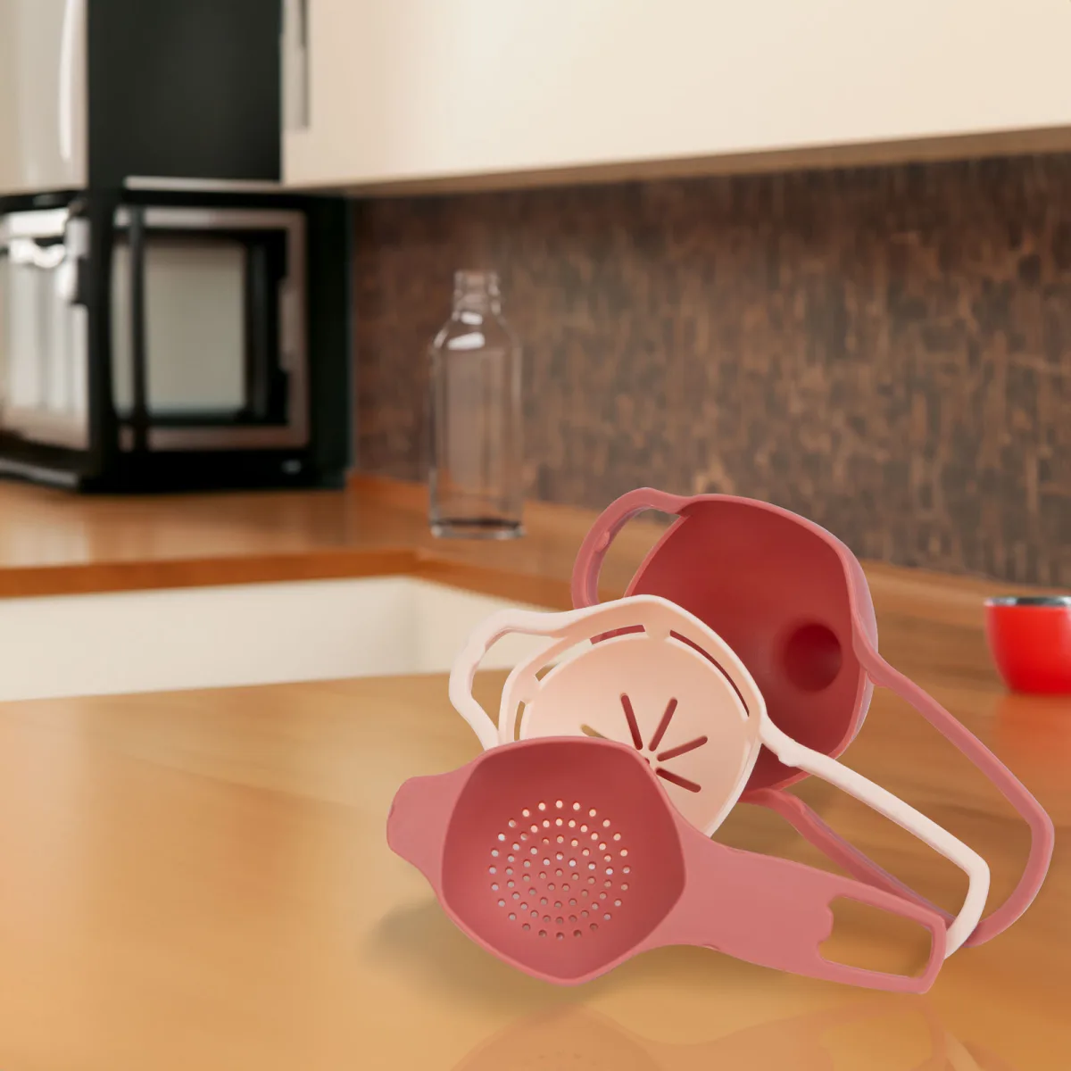 Set 3 in 1, palnie/ separator ou/ filtru ceai, 15 cm, compact, plastic, multifunctional, piersica - imagine 2