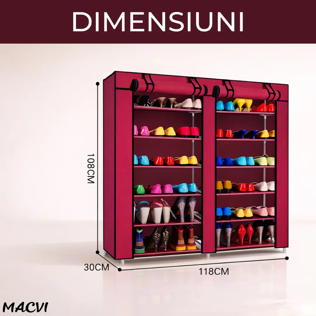 Dulap Pantofi Macvi®, Dulap Textil Dublu pentru Incaltaminte, 6 Niveluri, 120 x 30 x 118 cm, Rosu - imagine 2
