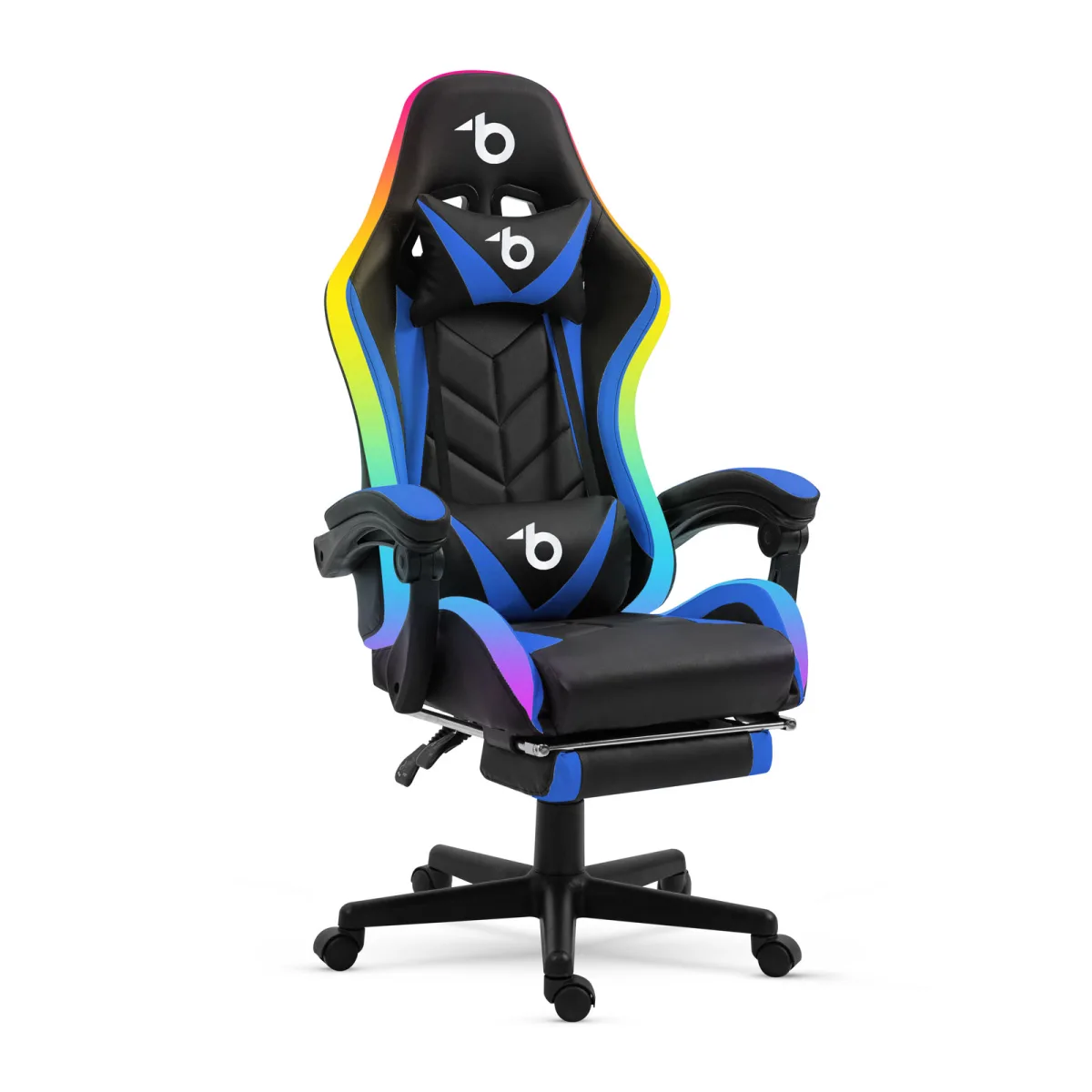 Scaun gaming RGB LED ergonomic, cu perne lombara si cervicala, reglabil, negru/albastru