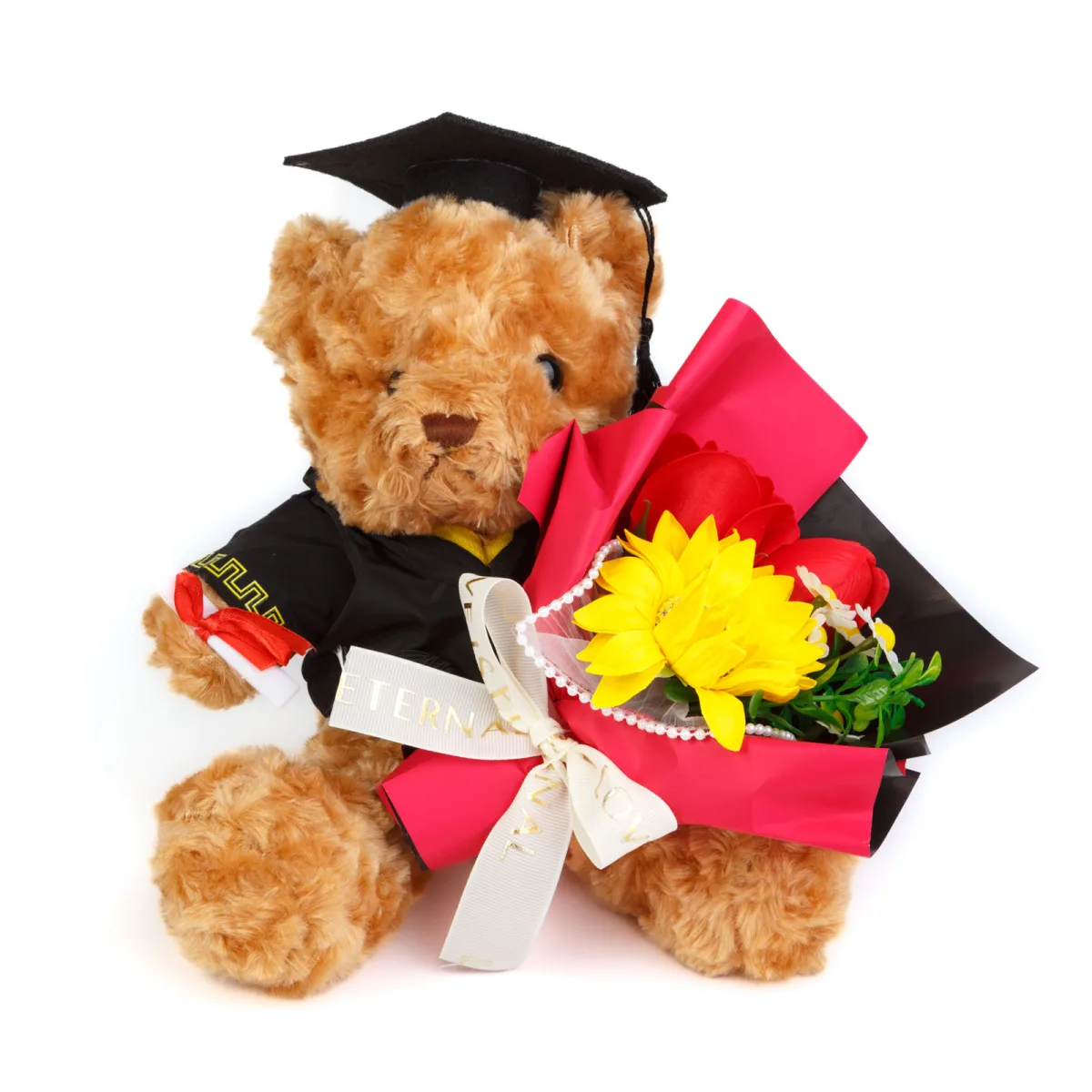 Urs decorativ cu flori in cutie plexi 28 cm,  28 x 17 x 17 cm