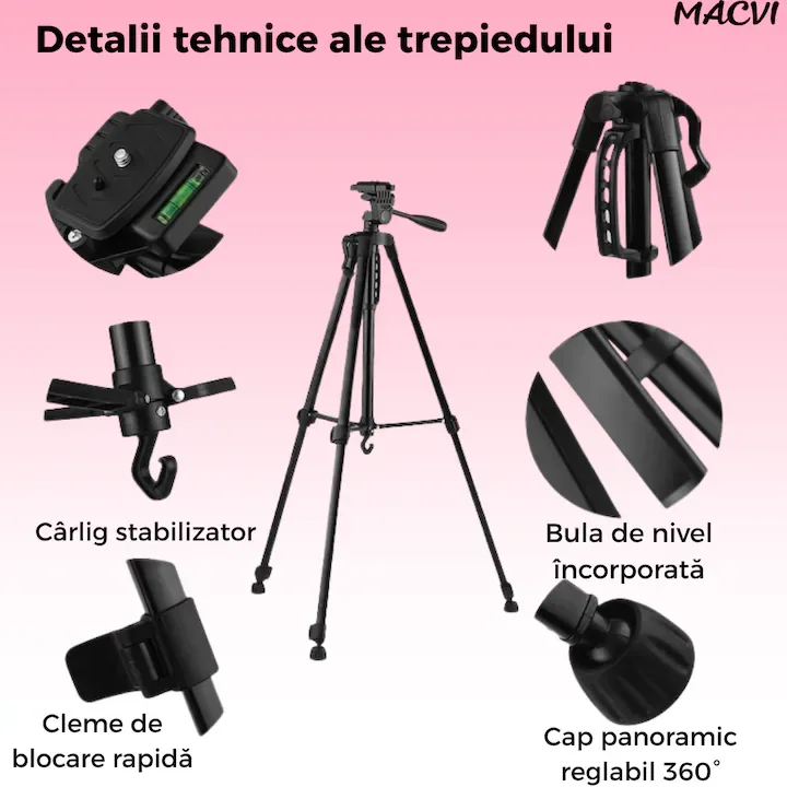 Trepied Universal Macvi® 360 foto video reglabil 55-160 cm cu cap pivotant si husa transport - imagine 4