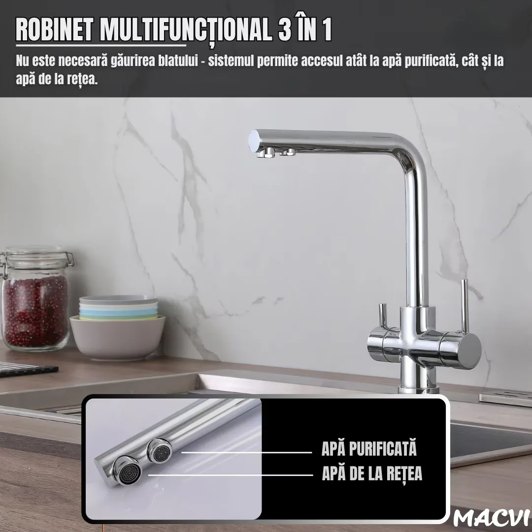 Filtru apa ultrafiltrare Macvi® 5 etape + alcalinizare, precizie 0, 01 µm, baterie 3 cai, robinet 360°, sub chiuveta - imagine 3