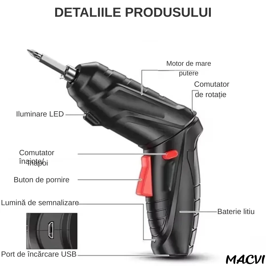 Surubelnita Electrica Portabila Macvi®, 47 Piese Acumulator Reincarcabil Maner Rotativ 90-180° Set Biti si Capete Tubulare Trusa Transport Negru - imagine 2