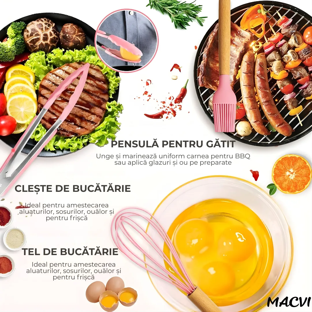 Set ustensile Macvi® bucatarie silicon premium 19 piese cu suport organizare cutite tocator linguri spatule fara BPA rezistente la temperaturi ridicate, Roz - imagine 4
