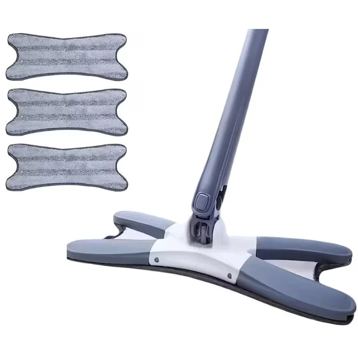 Mop Dreptunghiular Macvi® cu Stoarcere Integrata 3 Lavete Reutilizabile Microfibra, Cap Plat, Curatare Usoara Podele, Albastru