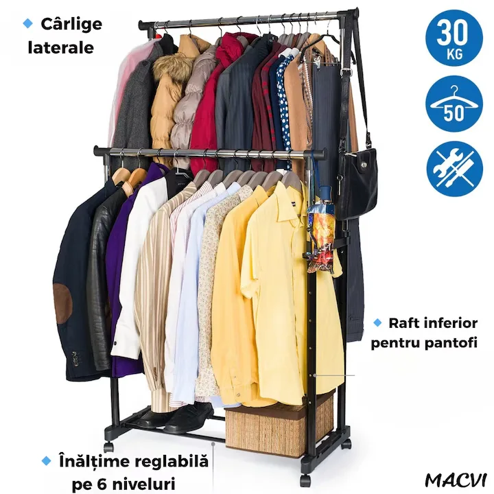 Suport Haine Macvi® Dublu cu Inaltime Reglabila, Bara Metalica si Roti Pivotante Cuier Mobil pentru Uscare si Organizare, Ideal pentru Haine si Incaltaminte - imagine 5