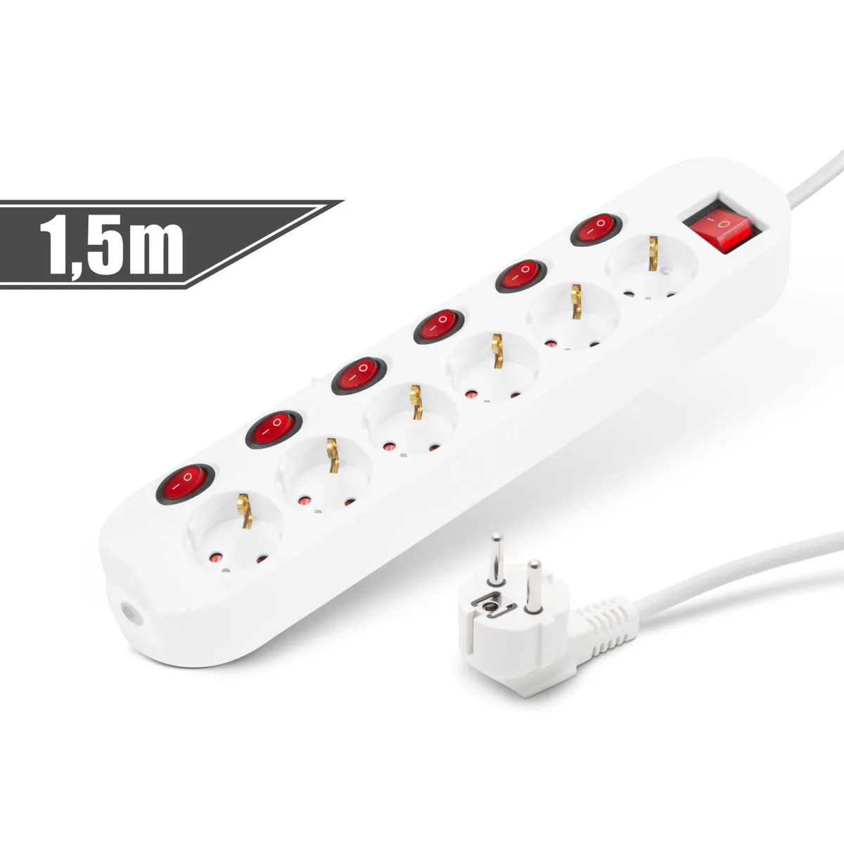 Prelungitor 6 prize Schuko, 1.5m, intrerupatoare individuale, 16A, protectie copii