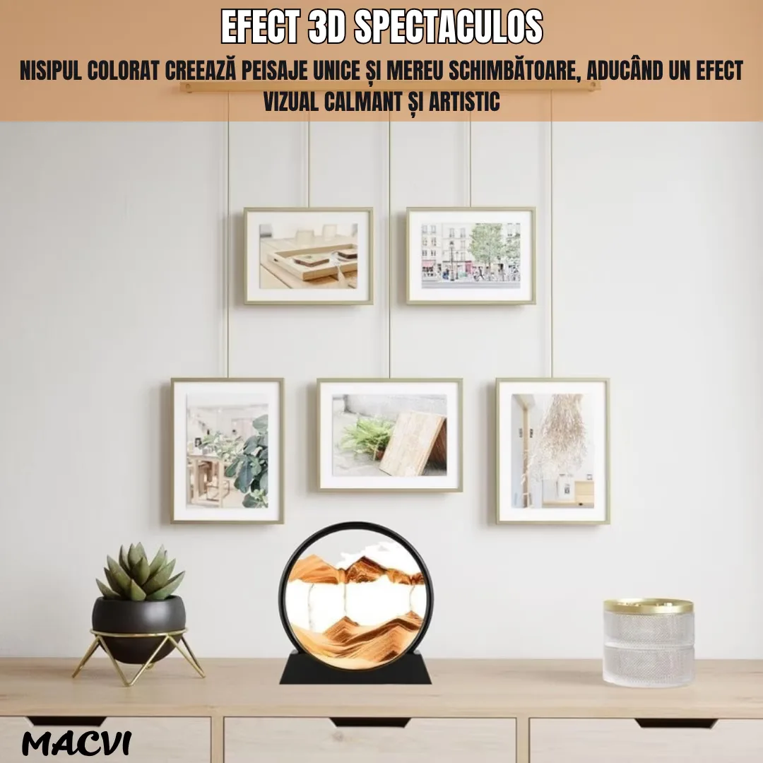 Obiect decorativ Macvi® cu efect 3D din nisip, masa rotativa 360°, baza din plastic, sticla si nisip, 18x19 cm, Galben - imagine 5