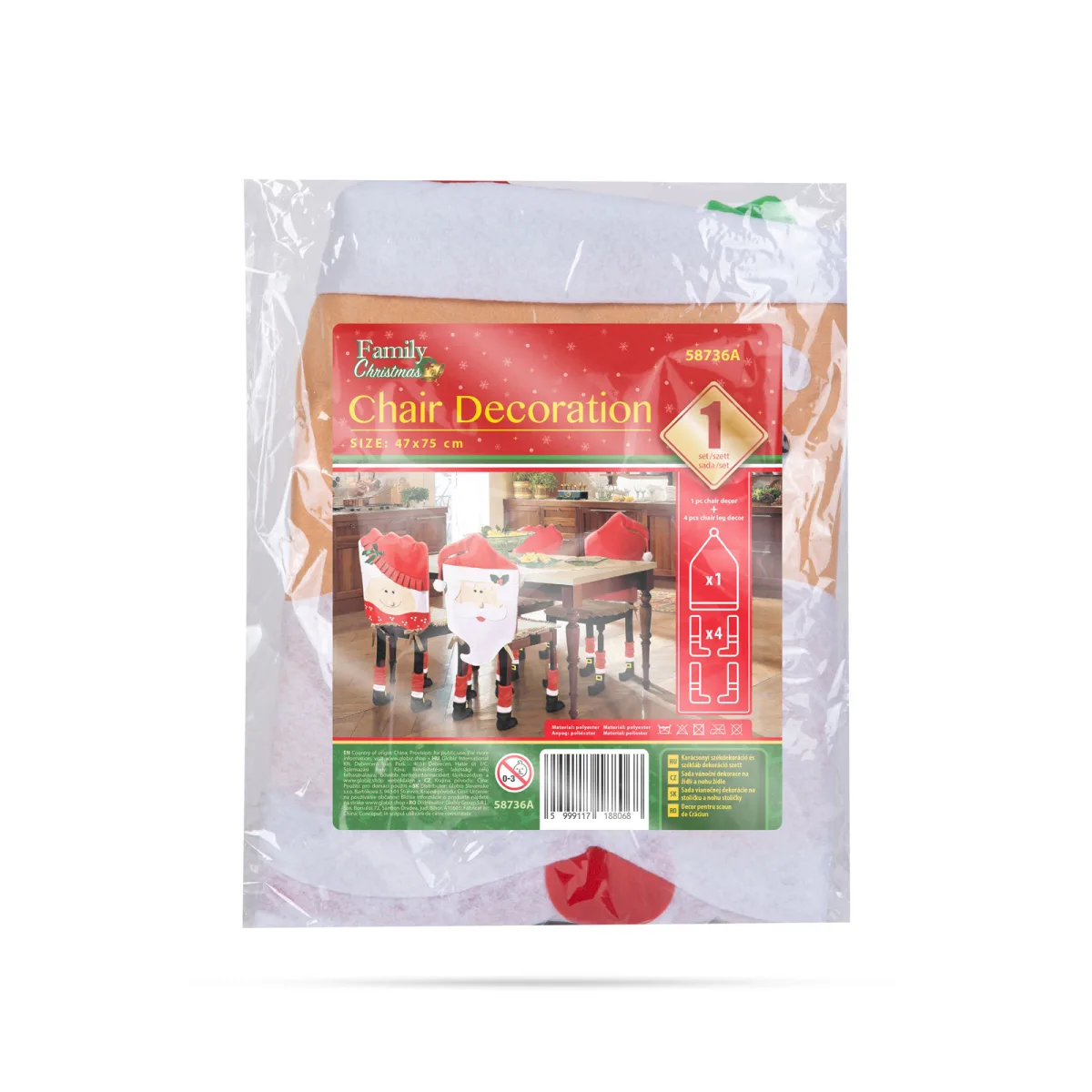 Husa scaun Craciun Mos Craciun 47 x 75 cm, decor festiv rosu/alb cu protectie picioare - imagine 2