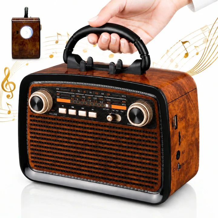 Portabil Radio Retro Wireless Macvi®, Bluetooth AM FM SW Boxa Portabila MP3 Player USB TF AUX Acumulator Reincarcabil 1200mAh 5W Lanterna LED
