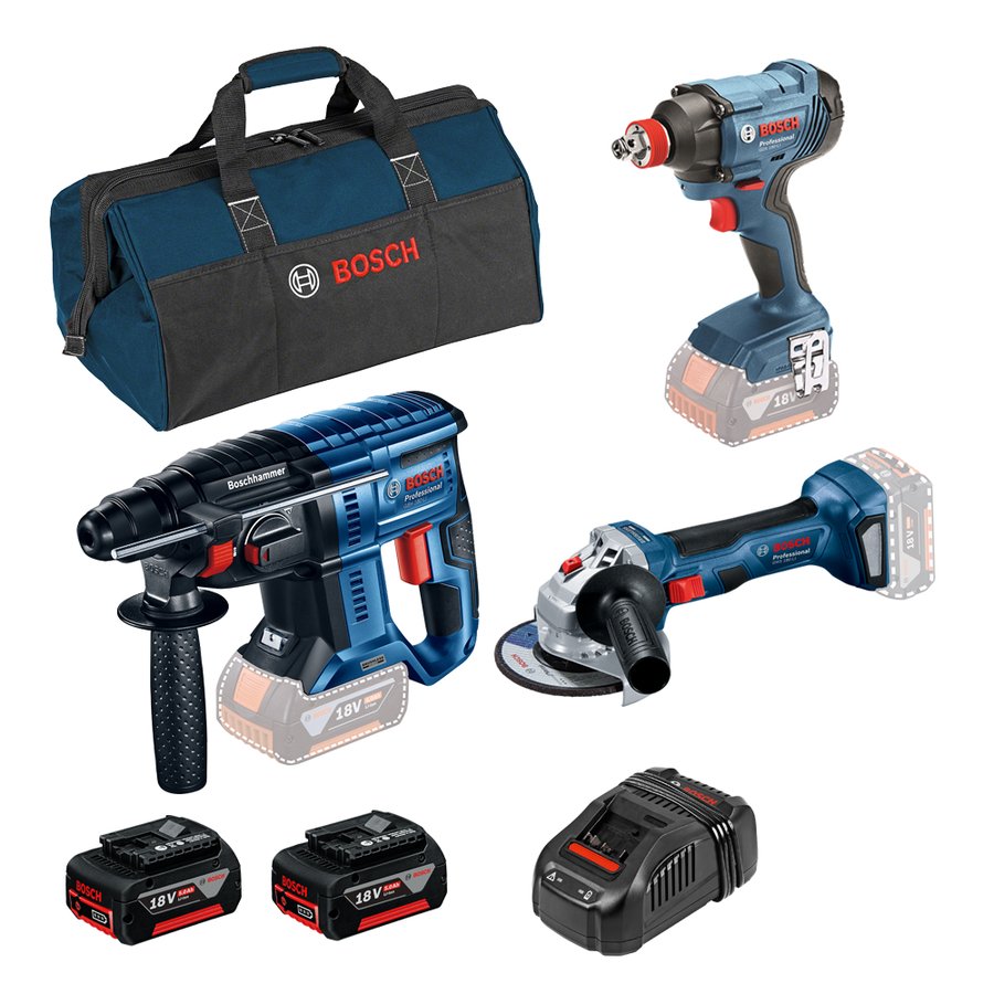 Kit 3 scule Bosch 18V: Ciocan rotopercutor GBH 180-LI + Polizor unghiular GWS 180-LI + Masina de gaurit cu percutie GDX 180-LI + 2 x acumulatori Li-Ion, 5 Ah + incarcator rapid GAL 1880 CV + Geanta textil mediu
