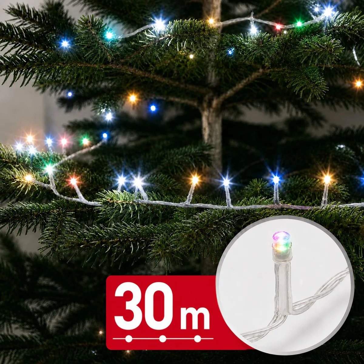 Instalatie de Craciun 30 m, 600 LED multicolor, 8 jocuri lumini, timer, IP44, cablu transparent