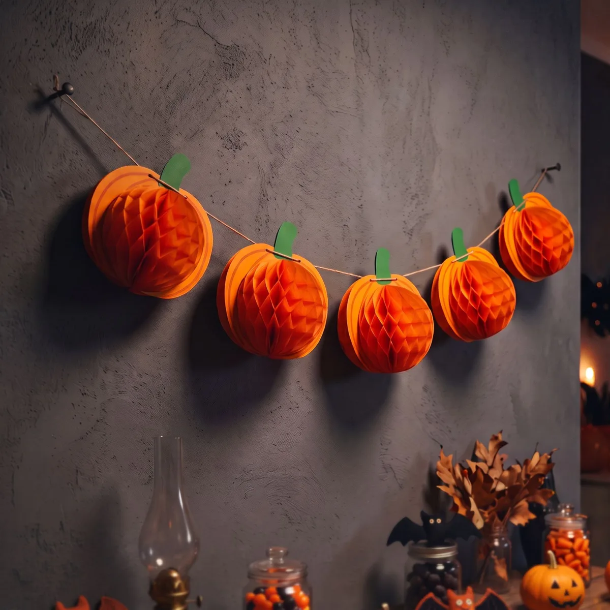 Decor Halloween, ghirlanda lampioane dovleac, hartie, 2 m