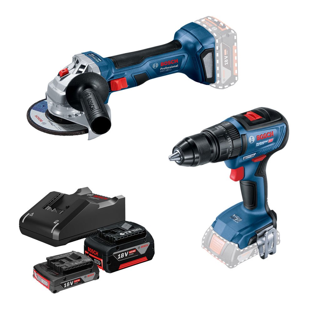 Polizor unghiular brushless Bosch Kit 2 scule brushless GWS 180-LI, 115mm + GSB 18V-50 Masina de gaurit cu percutie + 1 acumulator 2Ah + 1 acumulator 4Ah + incarcator