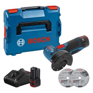 Polizor unghiular brushless Bosch GWS 12V-76 + 2xAcumulatori GBA Li-Ion, 3Ah + Incarcator GAL 12V-40 + L-Boxx + 3 x Discuri