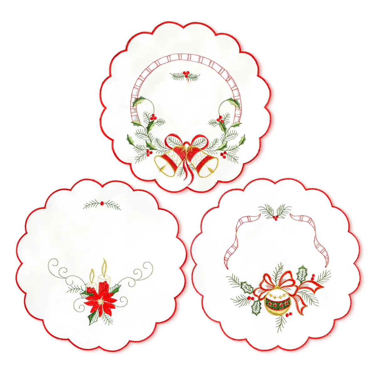Fata de masa rotunda Craciun, 29 cm brodata, model clopot/lumanare/glob vasc - imagine 2