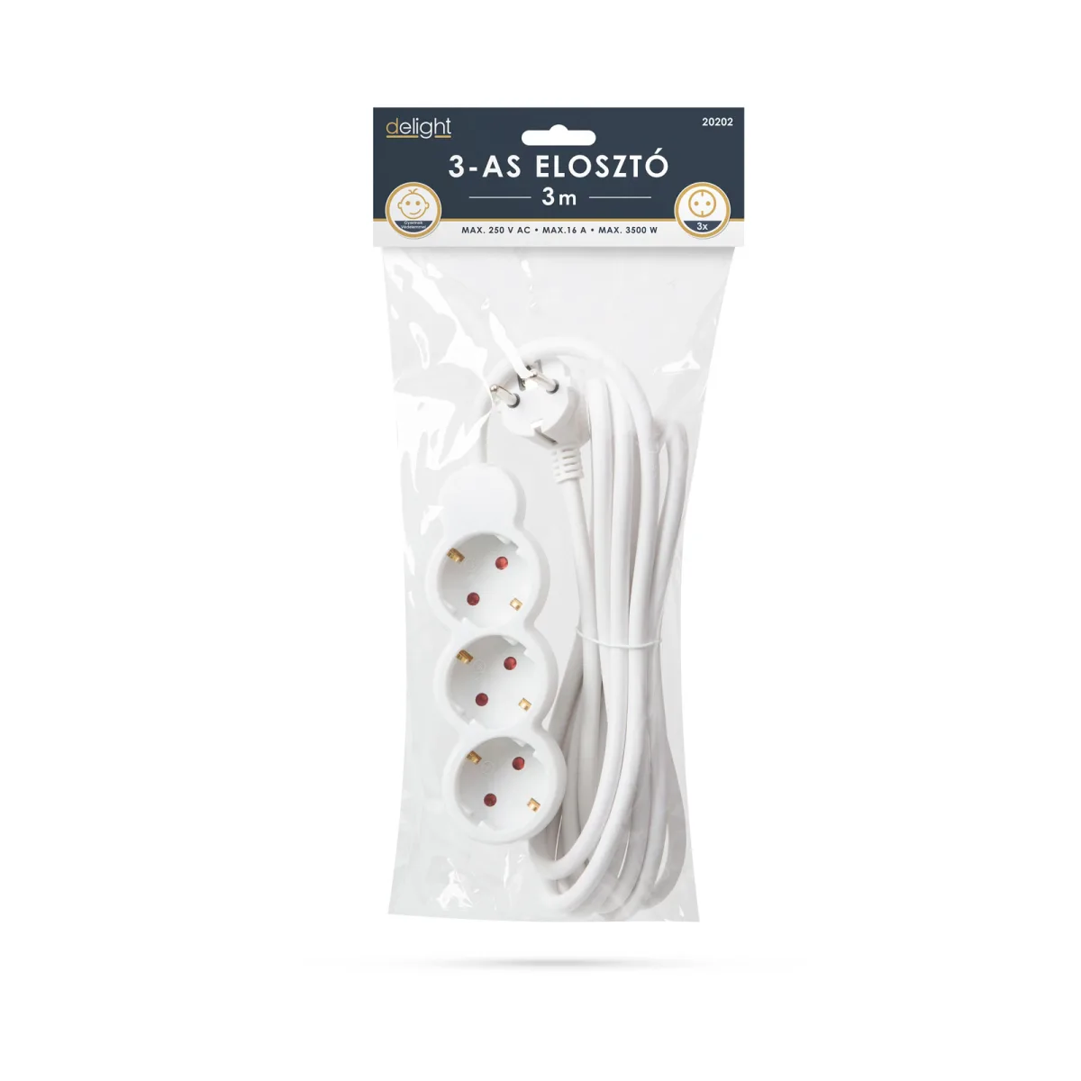 Prelungitor 3 prize Schuko, 3m, 16A, 3x1.5mm, protectie copii, stecher 90°, alb - imagine 2