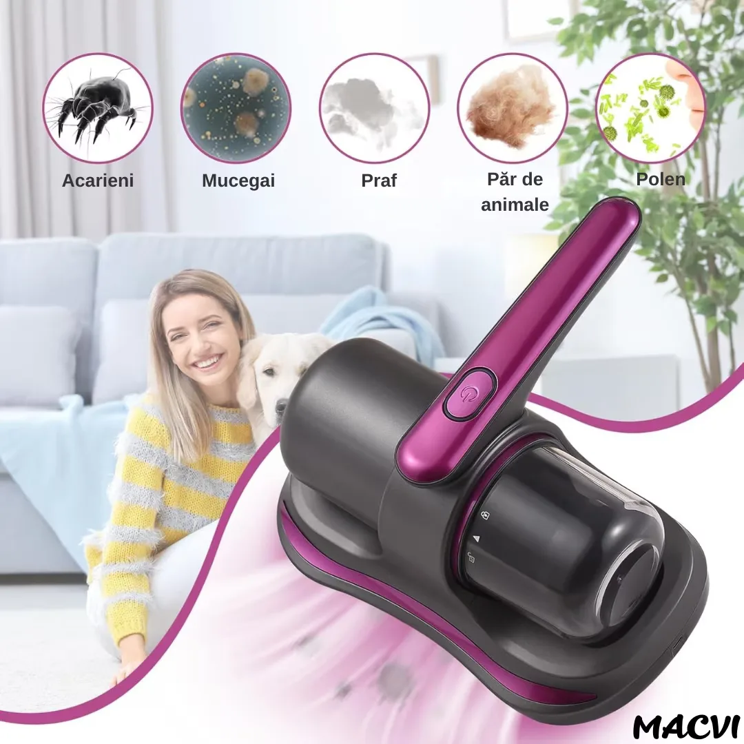 Aspirator Antiacarieni Macvi®, 8000 Pa, Fara Fir, Filtru HEPA, Baterie 3600 mAh, UVC, Rezervor 500 ml, Curatare Pat, Canapea si Covoare - imagine 4