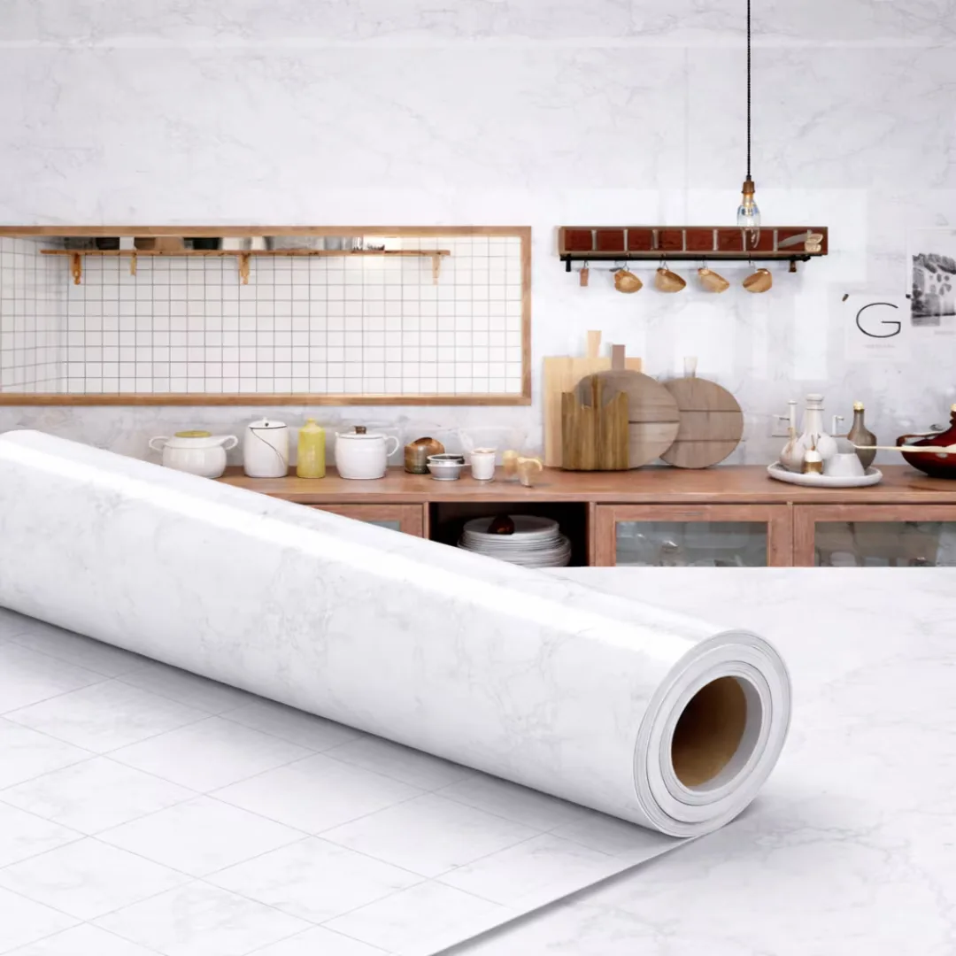 Folie Autoadeziva Gri marmorat Macvi® Rezistenta la Caldura 10 m x 60 cm, Impermeabila si Anti-Ulei, Tip Rola, Pentru Bucatarie si Mobilier, Finisaj Lucios - imagine 2
