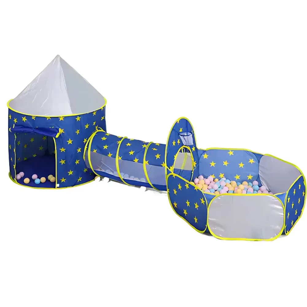 Cort Joaca 3 in 1 Macvi® cu Tunel si Castel Pliabil pentru Copii 3-7 Ani Interior Exterior Albastru Cosmic