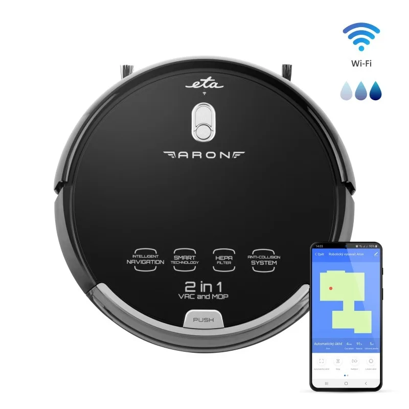 Robot aspirator cu mop ETA Aron 2512 90000, Wi-Fi, baterie Li-Ion 14.4 V, 300 ml, autoincarcare, navigare giroscopica, negru - imagine 7