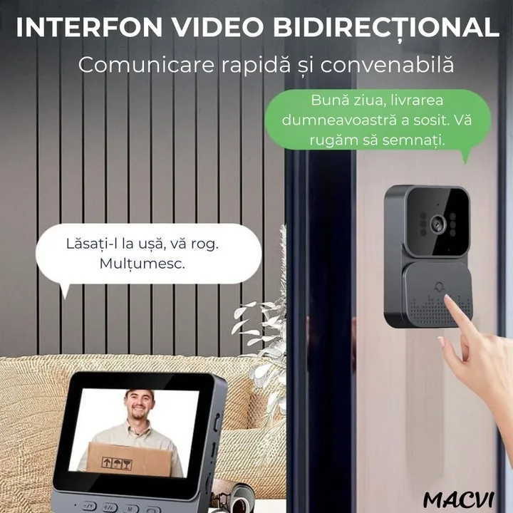 Sonerie video Macvi® wireless cu camera si monitor IPS 4, 3 inch interfon bidirectional fara WiFi, vedere nocturna IR, stocare pe card SD, instalare rapida - imagine 5