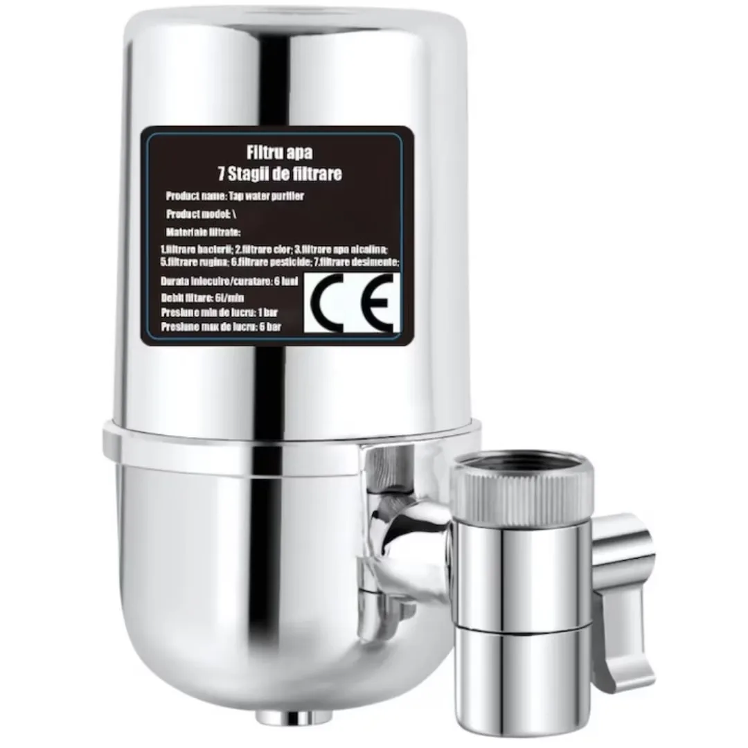 Filtru Apa Macvi® pentru Robinet, Capacitate 50.000L, 7 Etape Filtrare, Cartus Reutilizabil, Elimina Impuritati, Clor si Metale Grele, Montaj Rapid, Argintiu
