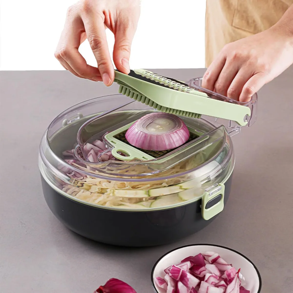 Set Tocator Legume Manual MACVI 14 in 1, 8 Lame din Otel Inoxidabil, Rotund, Plastic - imagine 5