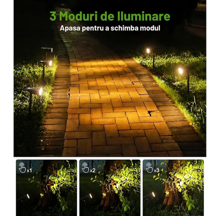 Set 4 Lampi Solare Exterior Macvi® cu Senzor Miscare 3 Moduri LED IP65 Alb Cald pentru Gradina Curte Alei Negru Descriere - imagine 4