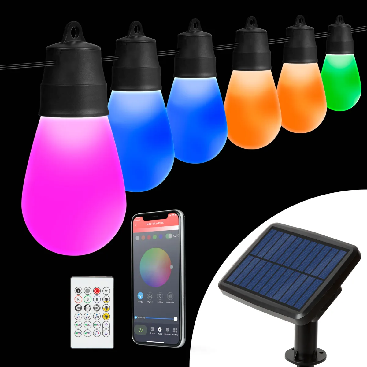 Sir luminos solar inteligent RGBIC 30 LED, 13 m, Bluetooth, iluminat decorativ exterior IP65