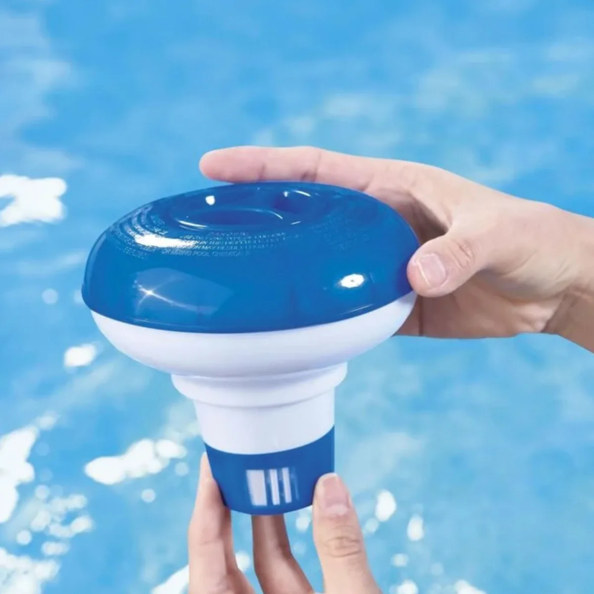 Dozator clor pentru piscine, 12,5 cm, tablete 5 cm, plastic rezistent UV, plutitor, albastru-alb - imagine 4