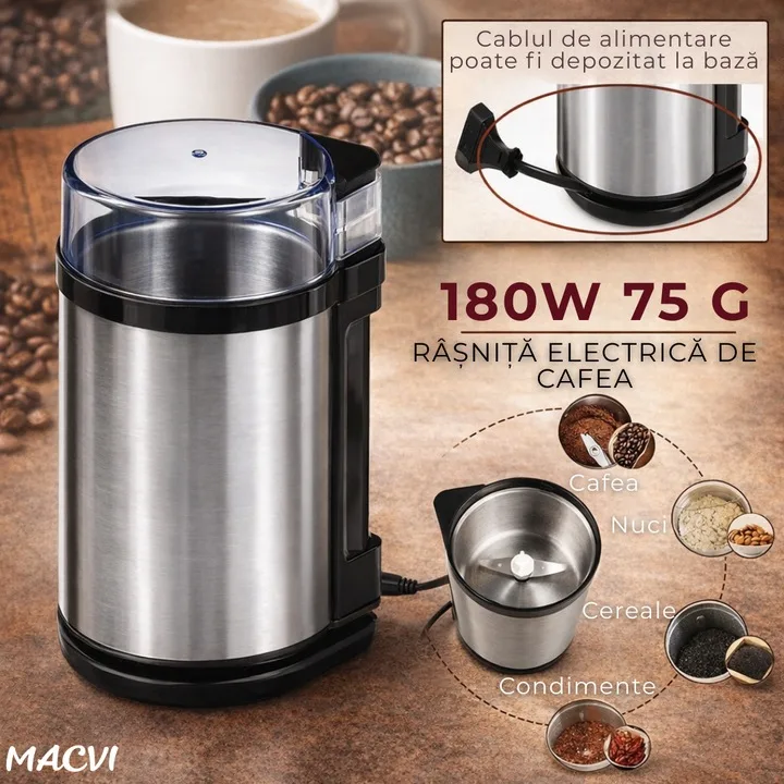 Rasnita Electrica de Cafea Macvi®, 180W, Cutite din Otel Inoxidabil, Capacitate 75 g, Macinare Rapida si Uniforma - imagine 5