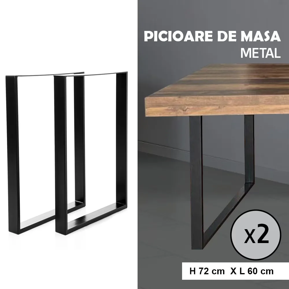Set 2 Picioare Masa Macvi®, Profil Lat 80 mm, Metal Negru, 72x60x8 cm, Vopsire Electrostatica Premium, Design Industrial - imagine 4