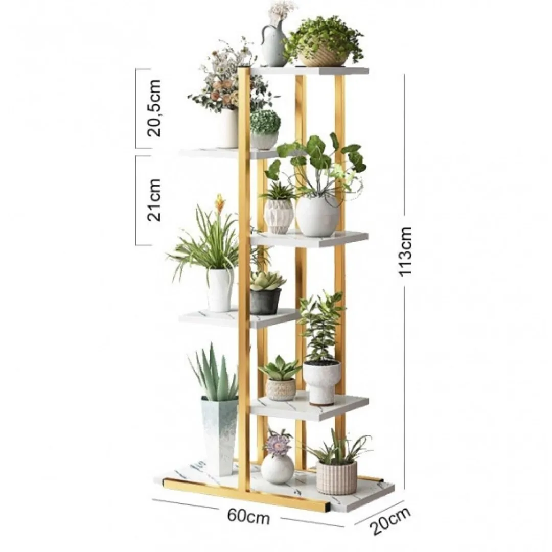 Suport ghivece flori si plante Macvi® cu 6 rafturi, design modern alb si maro, cadru metalic stabil, 113x60x20 cm, pentru interior si exterior - imagine 2