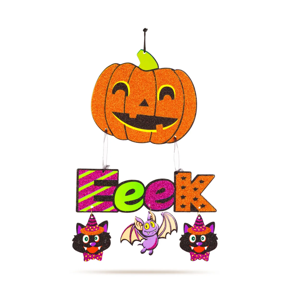 Decor Halloween, dovleac agatat, spuma, portocaliu, mov, negru, sclipitor, 45x23 cm - imagine 2