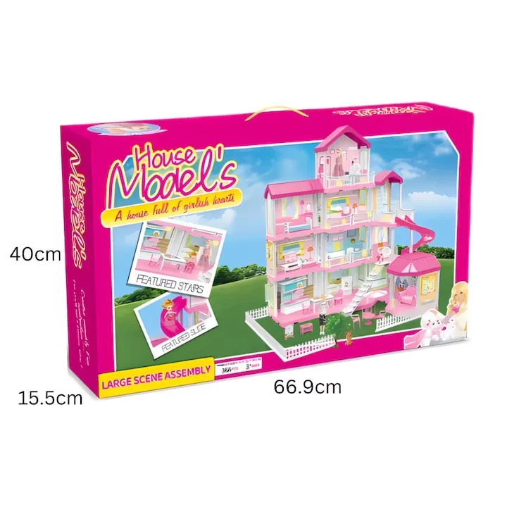 Casuta pentru Papusi Macvi® 4 Etaje 366 Piese cu Mobilier Topogan si Papusa Roz Alb - imagine 3