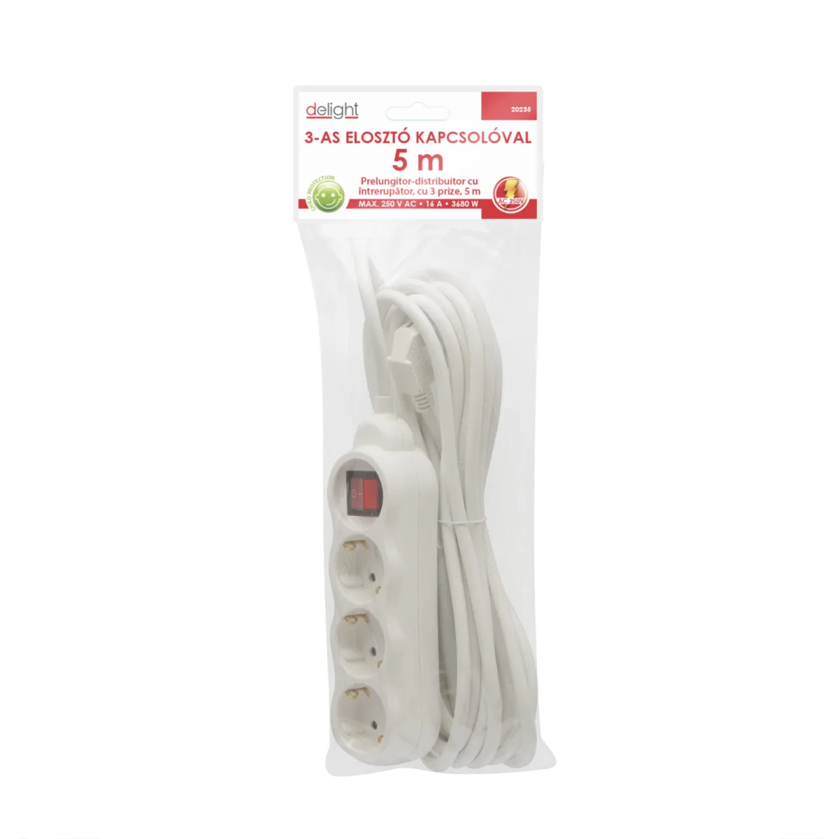 Prelungitor 3 prize Schuko, 5m, cu intrerupator, 16A, protectie copii, alb - imagine 2