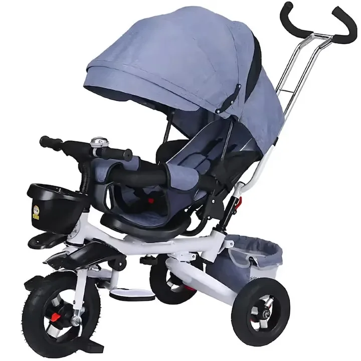 Tricicleta Copii Macvi® Pliabila Scaun Rotativ 360 Functie Somn Centura 5 Puncte Maner Culoare Gri 1-5 Ani