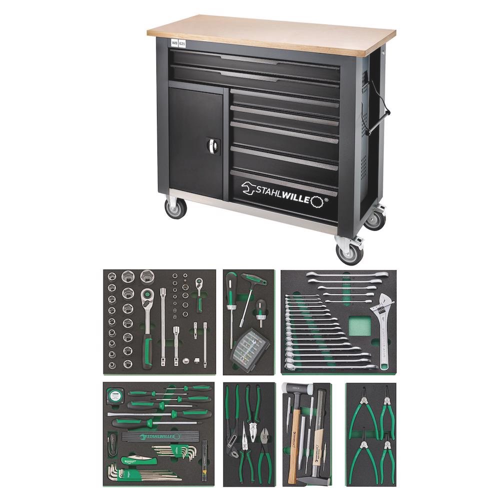 Stahlwille 98830194, Banc de lucru mobil WB 621/161QR, 7 sertare cu glisare completa, compartiment lateral, blat din lemn, inchidere centralizata si 161 de unelte