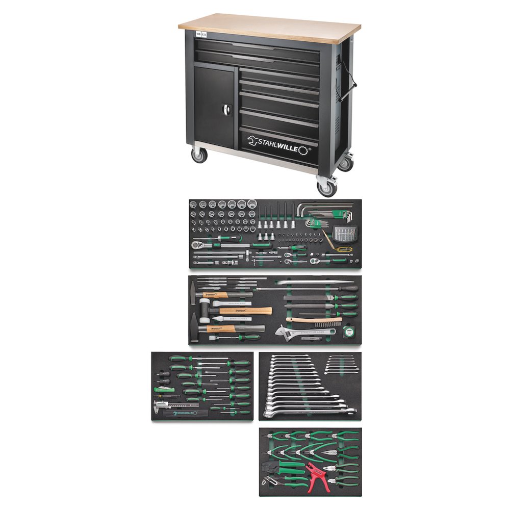 Stahlwille 98830204, Banc de lucru mobil WB 621/238QR, 7 sertare cu glisare completa, compartiment lateral, blat din lemn, inchidere centralizata si 238 de unelte